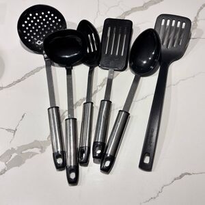 Stainless Steel Black Plastic Serving Utensils 5 Piece Set Spoons Ladle + Turner